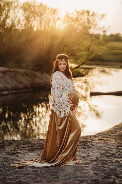 Crochet Velvet Boho Golden Gown - 