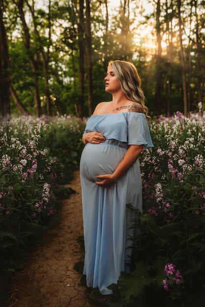 Light Blue Ruffle Off Shoulder Gown - maternity photoshoot dress