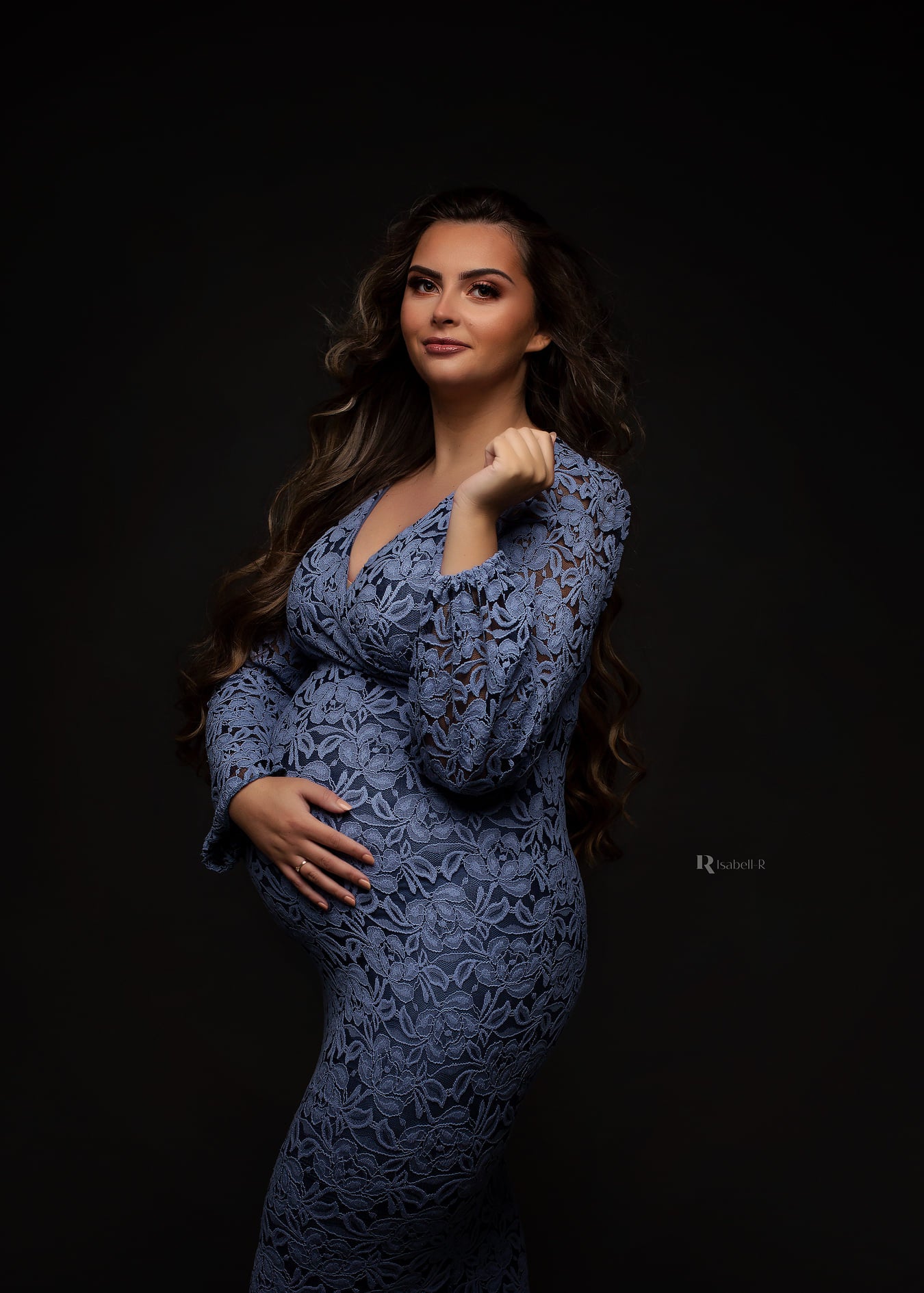 Denim Floral Fitted Maternity Gown - maternity photoshoot dress