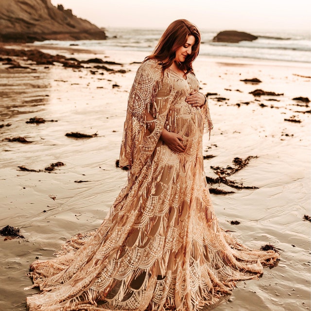 Gold Goddess Gatsby Gown - maternity photoshoot dress