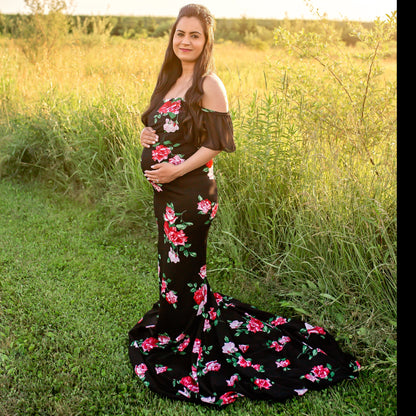 Black Floral Fitted Gown - maternity photoshoot dress