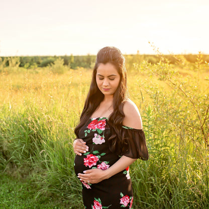 Black Floral Fitted Gown - maternity photoshoot dress