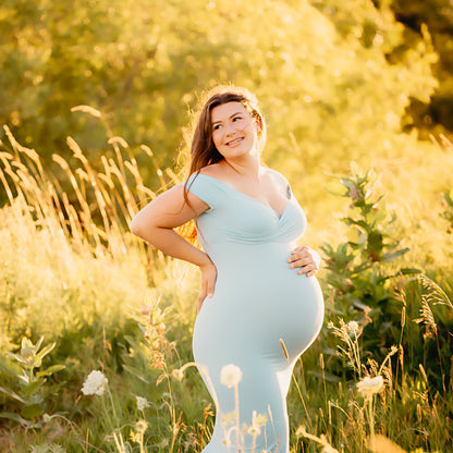 Light Blue Off Shoulder Fitted Maternity Gown - maternity photoshoot dress