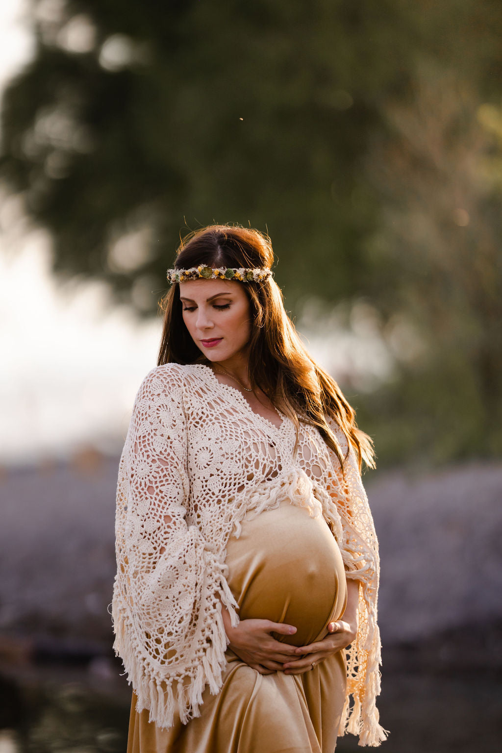 Crochet Velvet Boho Golden Gown - 