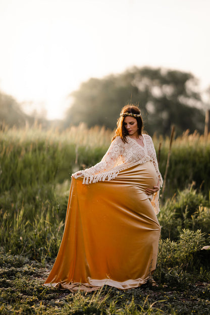 Crochet Velvet Boho Golden Gown - 