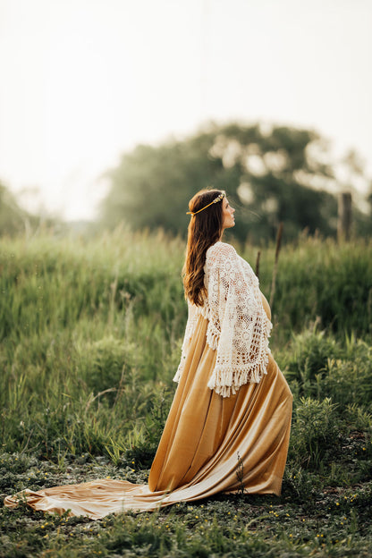 Crochet Velvet Boho Golden Gown - 