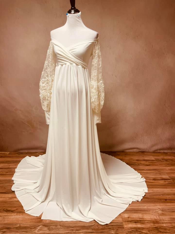 Ivory Clara Gown - lace sleeves - maternity photoshoot dress