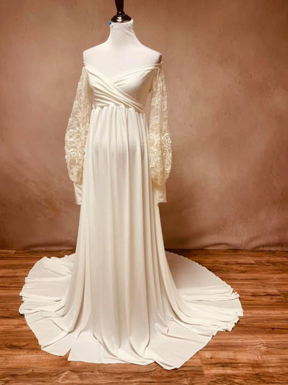 Ivory Clara Gown - lace sleeves - maternity photoshoot dress