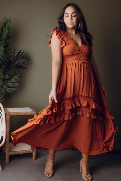 Rust Ruffle Maxi Dress -XL - maternity photoshoot dress