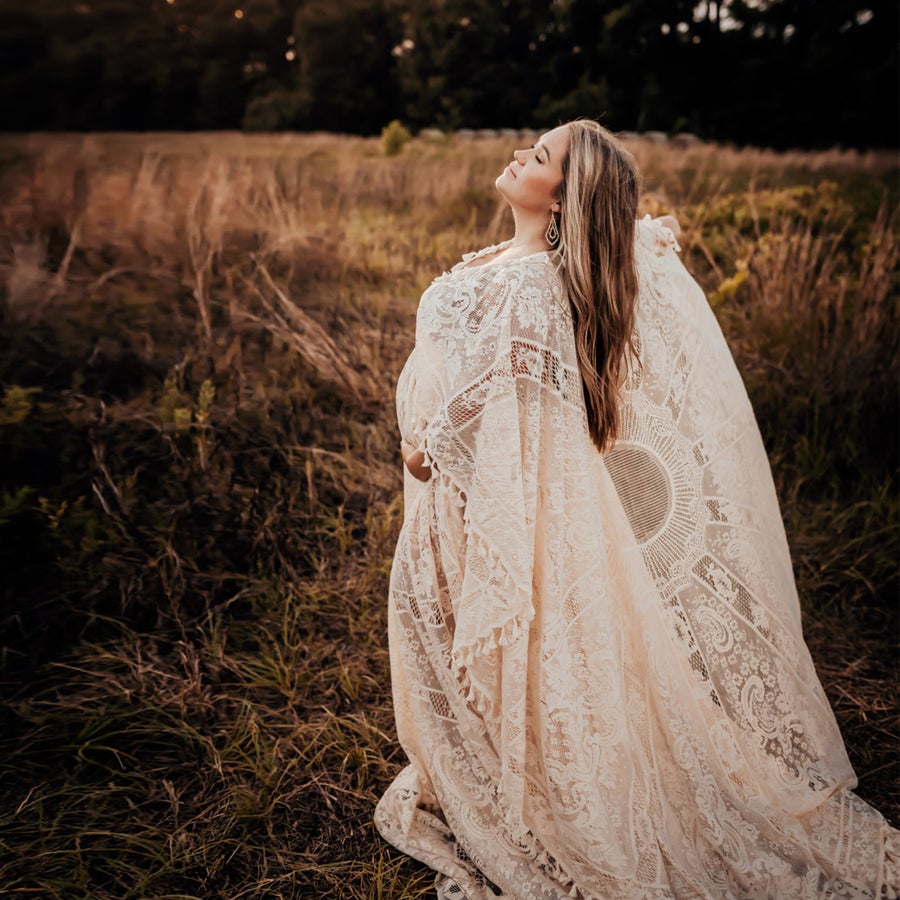 Lace Boho Gown with Cape - maternity photoshoot dress