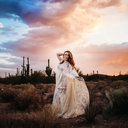 Lace Boho Gown with Cape - maternity photoshoot dress
