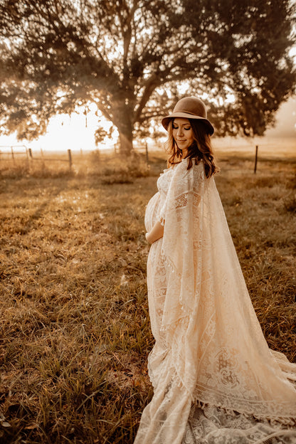 Lace Boho Gown with Cape - maternity photoshoot dress