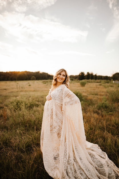 Lace Boho Gown with Cape - maternity photoshoot dress
