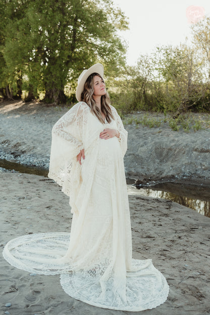 Boho Lace Maternity Gown with Tassels - maternity photoshoot dress