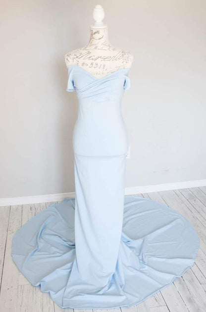 Light Blue Off Shoulder Fitted Maternity Gown - maternity photoshoot dress
