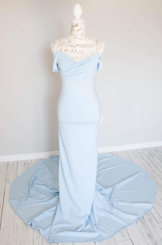 Light Blue Off Shoulder Fitted Maternity Gown - maternity photoshoot dress