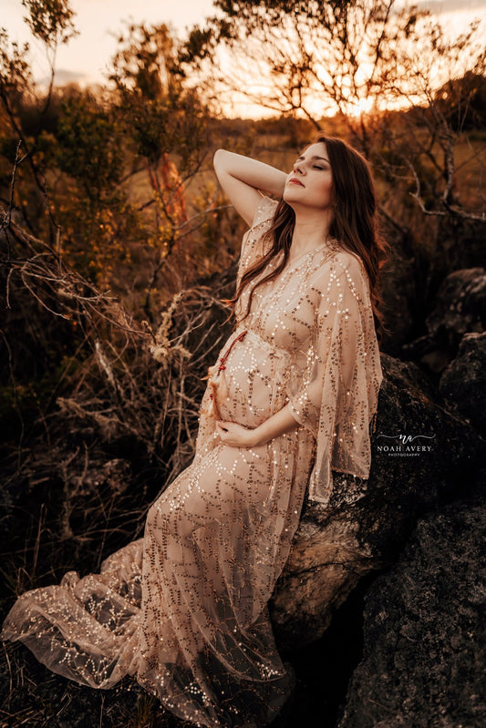 Boho Gold Sequin Maternity Dress - maternity photoshoot dress