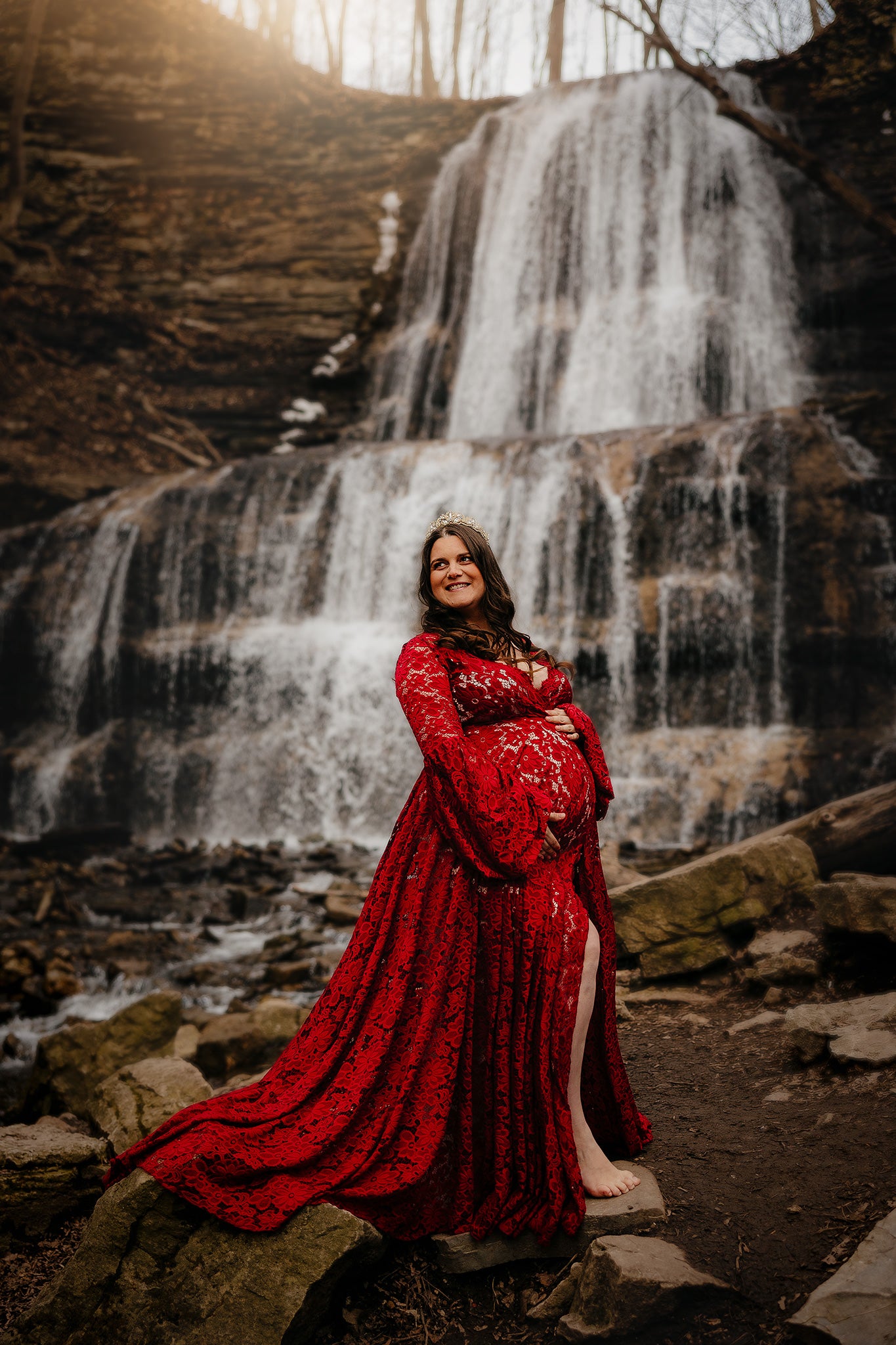 Red Lace Sunflower Dress - maternity photoshoot dress