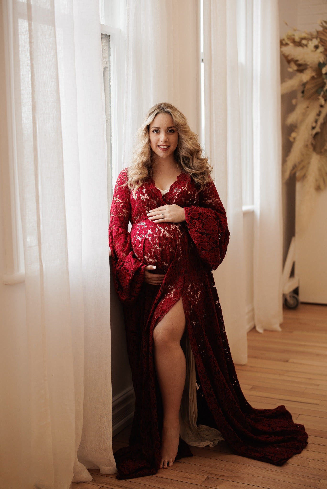 Red Lace Sunflower Dress - maternity photoshoot dress