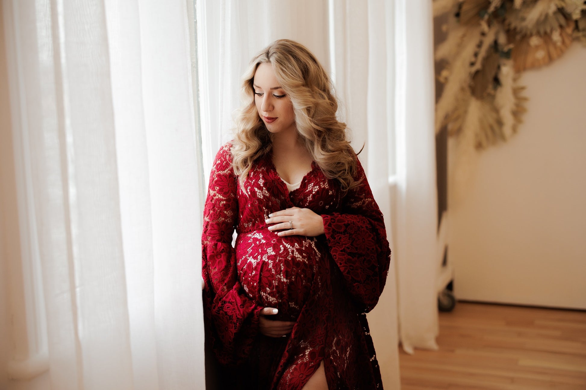 Red Lace Sunflower Dress - maternity photoshoot dress