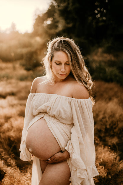Ivory Ruffle Me Open Reclamation Gown - maternity photoshoot dress