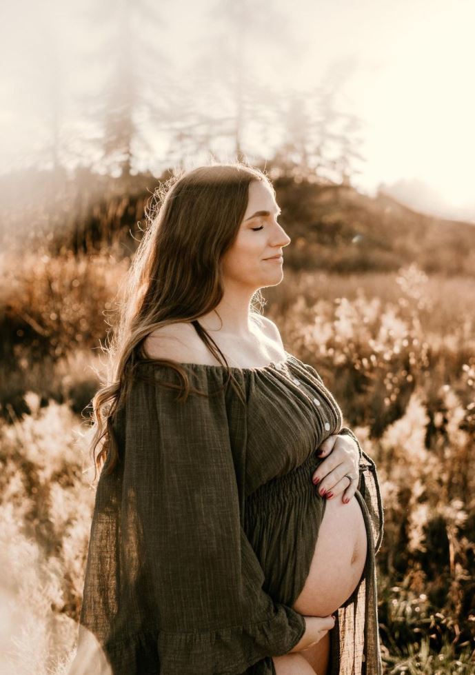 Olive Ruffle Me Open Reclamation Gown - maternity photoshoot dress