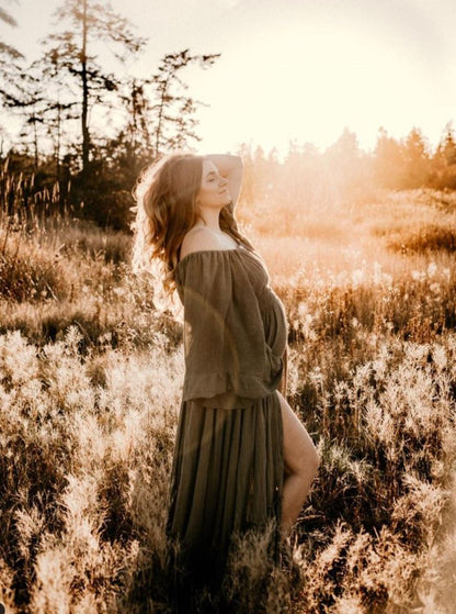 Olive Ruffle Me Open Reclamation Gown - maternity photoshoot dress