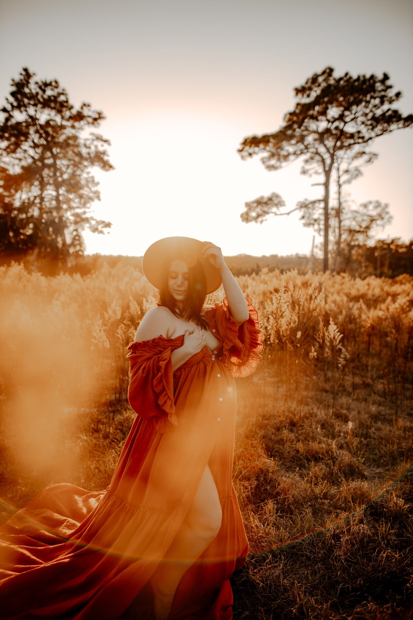 Rust Ruffle Me Open Reclamation Gown - maternity photoshoot dress