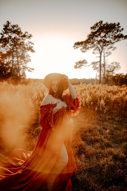 Rust Ruffle Me Open Reclamation Gown - maternity photoshoot dress