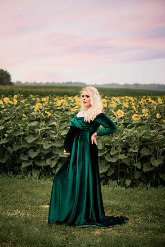 Green Velvet Maternity Gown - maternity photoshoot dress