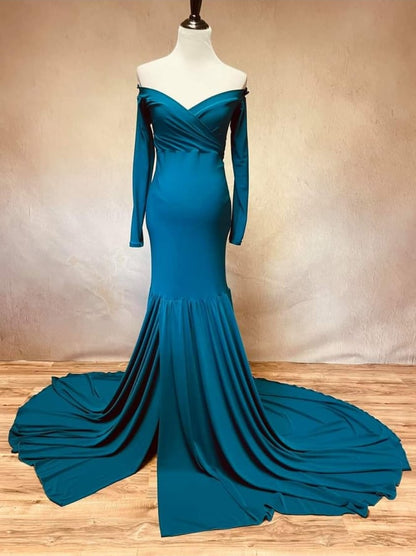 Teal Fitted Maternity Gown - maternity photoshoot dress