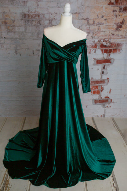 Green Velvet Maternity Gown - maternity photoshoot dress
