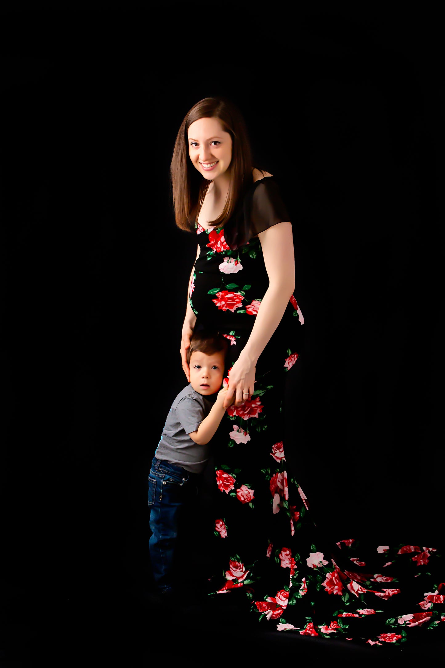 Black Floral Fitted Gown - maternity photoshoot dress