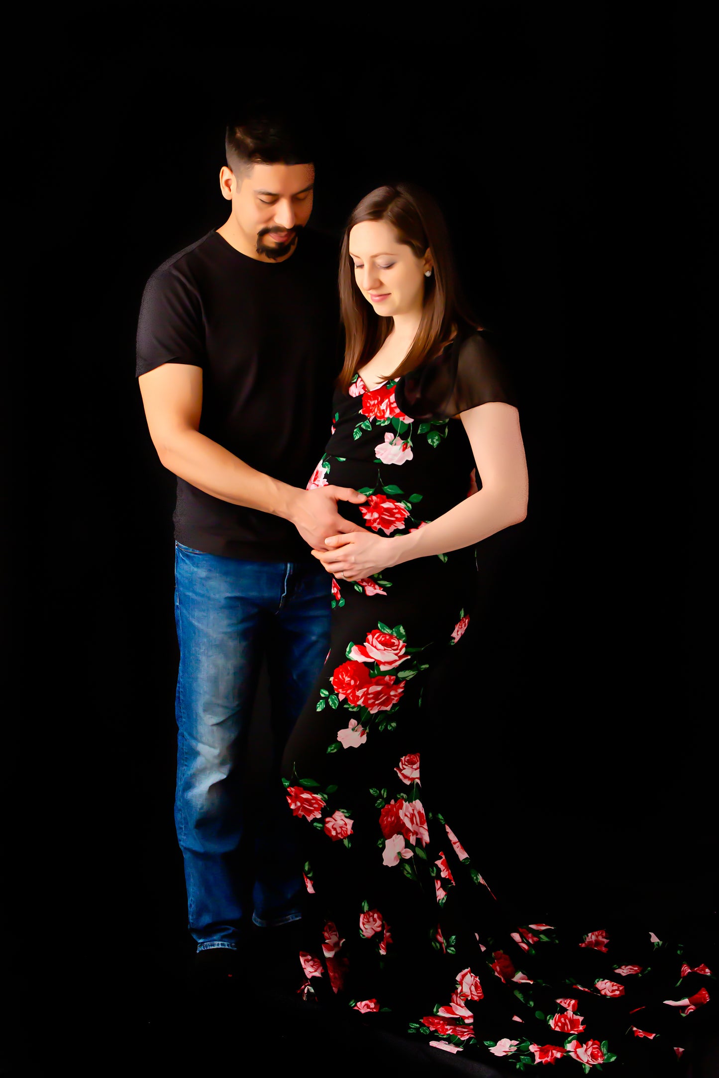 Black Floral Fitted Gown - maternity photoshoot dress