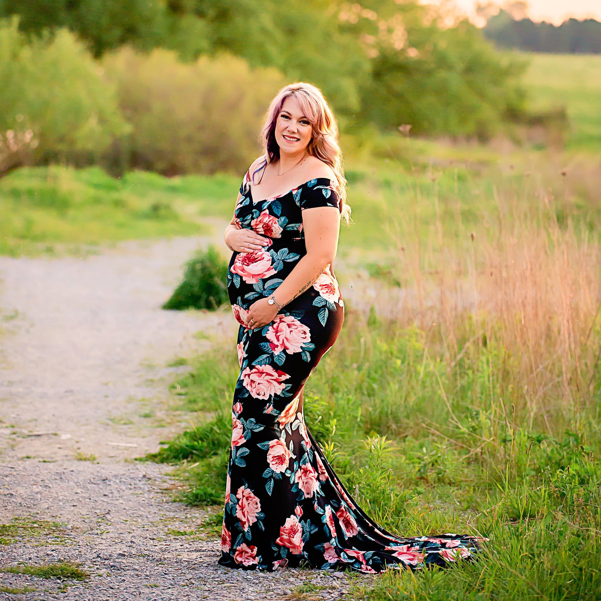 Black Pink Floral Fitted Gown - maternity photoshoot dress