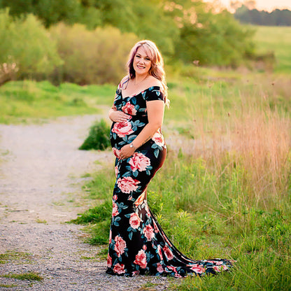 Black Pink Floral Fitted Gown - maternity photoshoot dress
