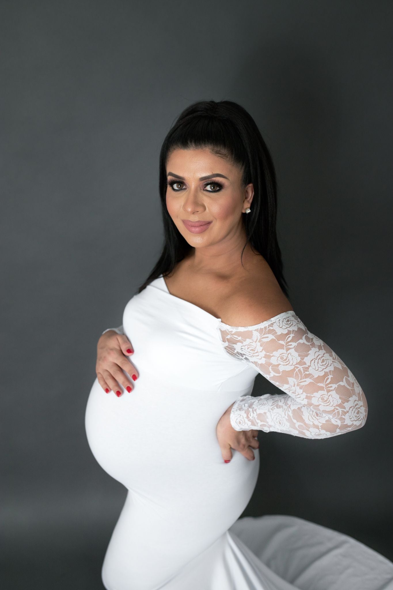 White Fitted Lace Sleeves - maternity photoshoot dress