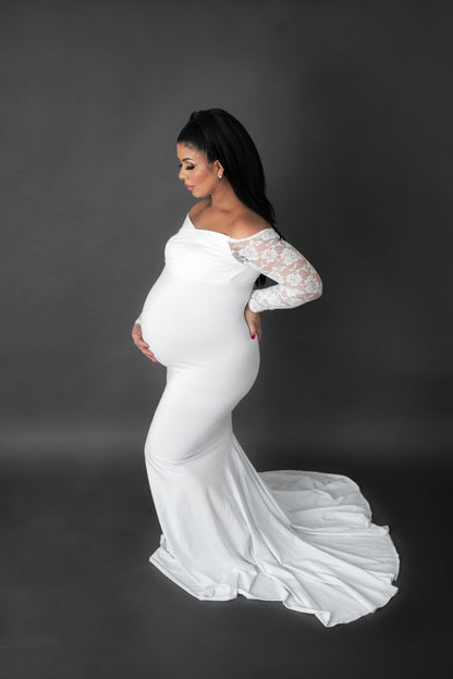 White Fitted Lace Sleeves - maternity photoshoot dress