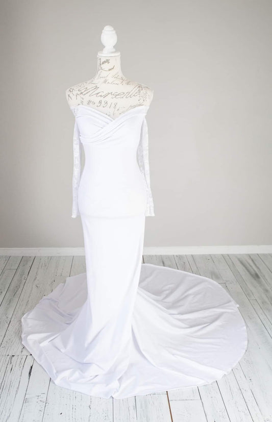 White Fitted Lace Sleeves - maternity photoshoot dress