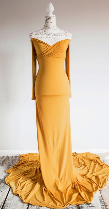Mustard Yellow Fitted Gown - maternity photoshoot dress