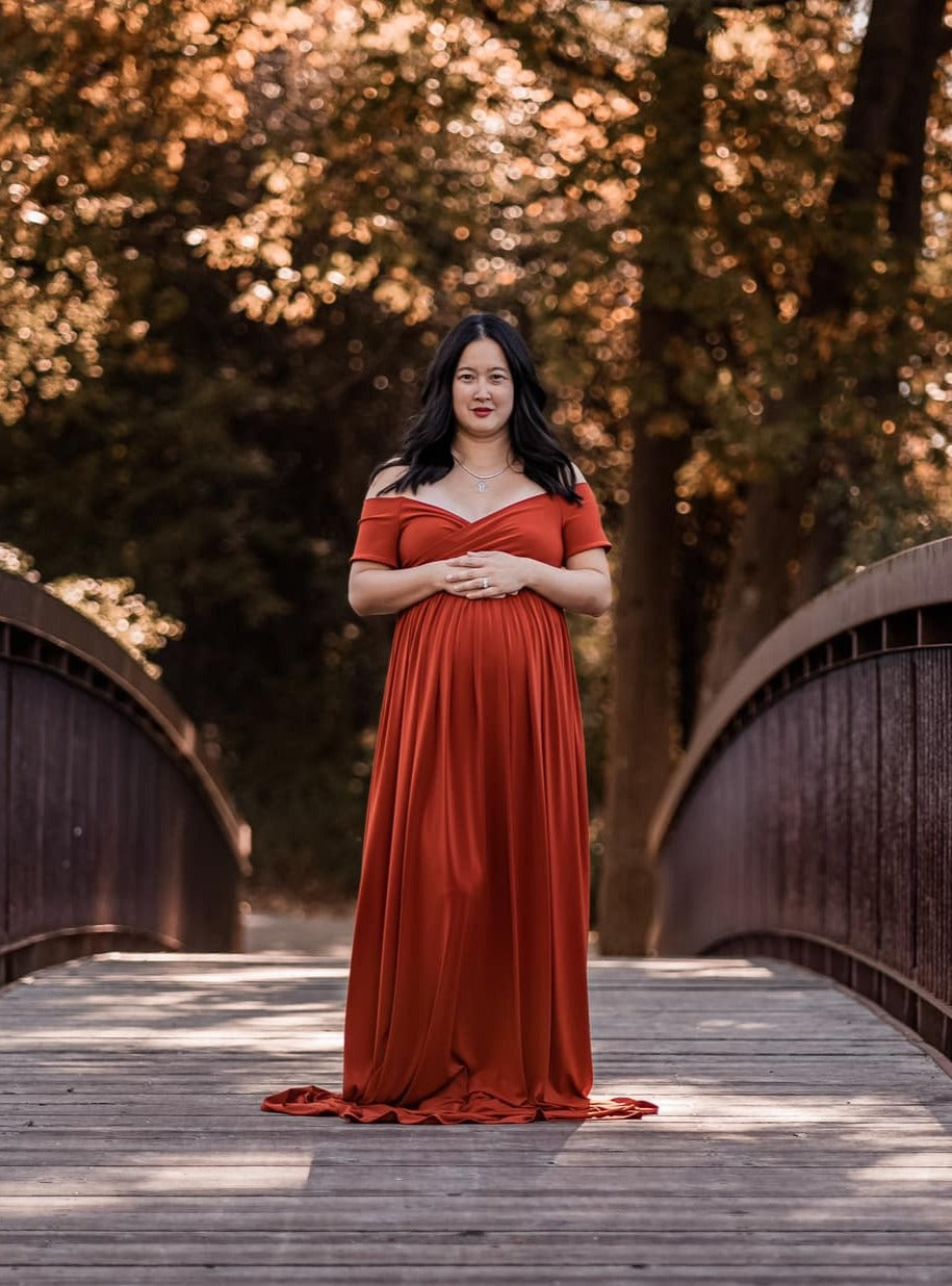Burnt Orange Flowy Gown - maternity photoshoot dress